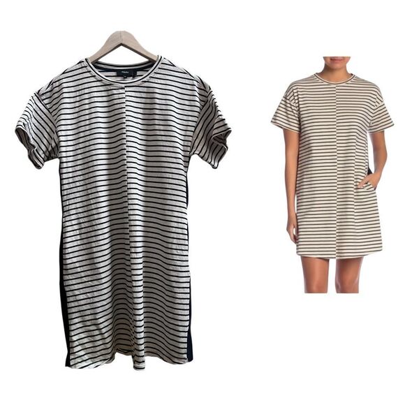 Theory Cream Blue Relaxed Fit Striped Combo Pocket Shift Shirt Dress Size Medium - Picture 1 of 12